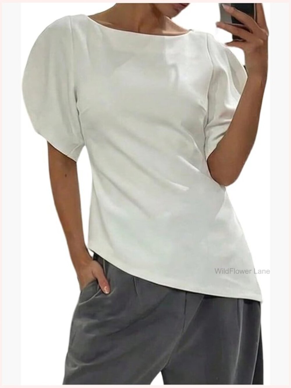 Boat Neck Puff Sleeve Blouse Asymmetrical Hem Top